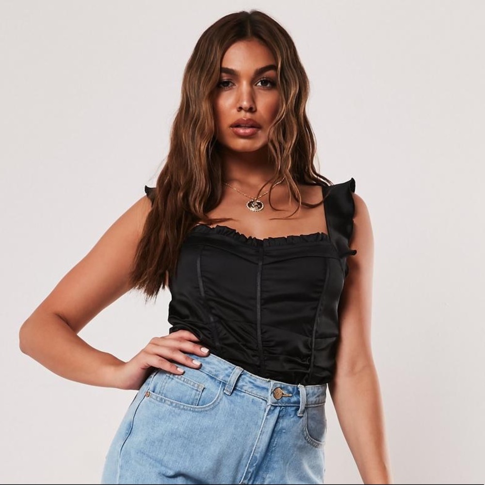 Missguided black satin frill ruched bodysuit US 2 - Picture 3 of 3